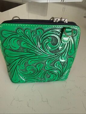 Embossed Green Floral Leather Crossbody Bag